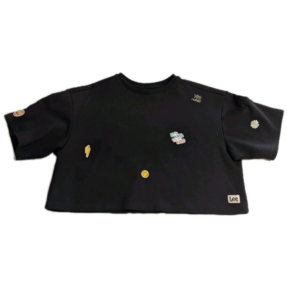 Lee Cropped Sweatshirt Womens L Black Boxy Graphic‎ Patch Y2K Cozy Fleece
